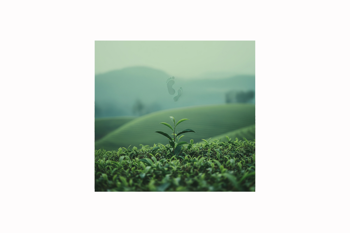 A young tea plant growing in a misty green field with light footprints above it. A symbol of minimal environmental impact and sustainable cultivation.
